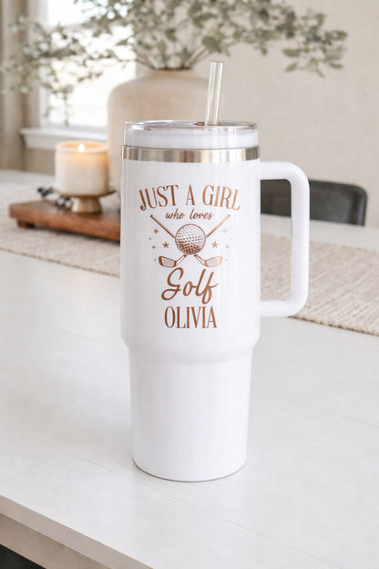 Just A Girl Who Love Golf Tumbler 40oz, Custom Golf Tumbler, Golf Club Tumblers, Printed Golf Tumblers With Handle, Mug Gift, Travel Cup TBGTP11