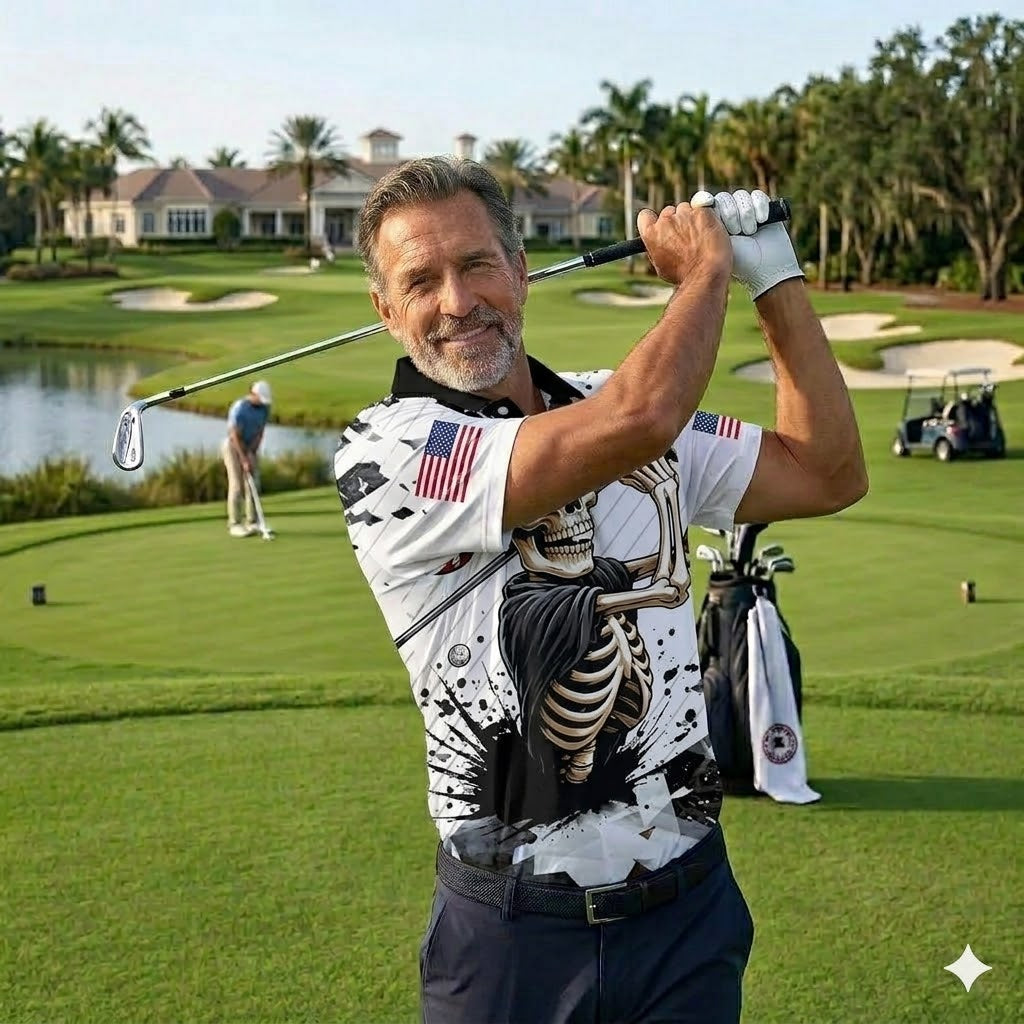 Pirate Skeleton Golf Polo Shirt for Men Women, Funny Golfer Outfit with Skull Bandana Print