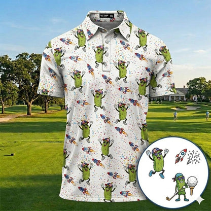 Dancing Pickle Hawaiian Polo Shirt, USA Patriotic Golf Shirt, Tropical Men's Apparel