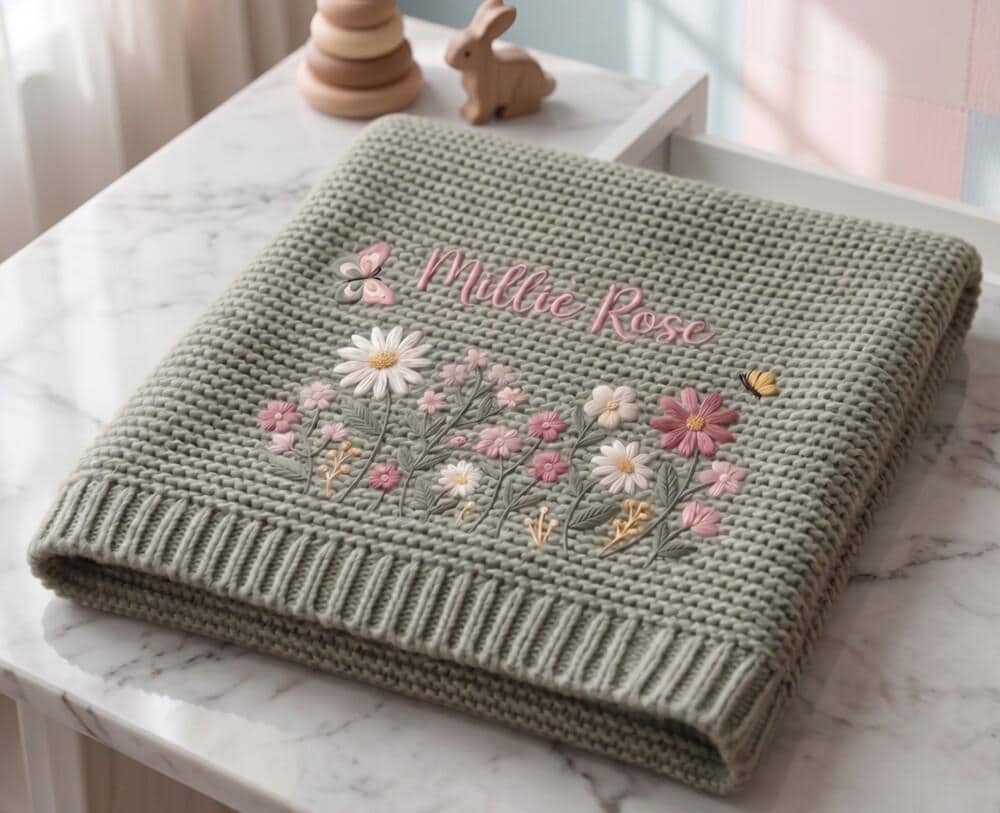 Personalize Embroidered Floral Baby Blanket