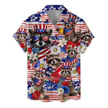 Patriotic Raccoon Hawaiian Shirt, Uncle Sam USA Aloha Button Down