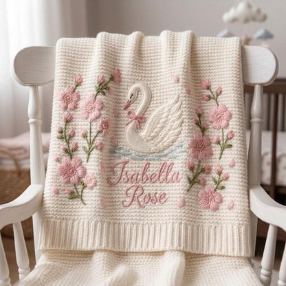 Personalized Knit Swan Baby Blanket Name Custom Embroidered Princess Swan