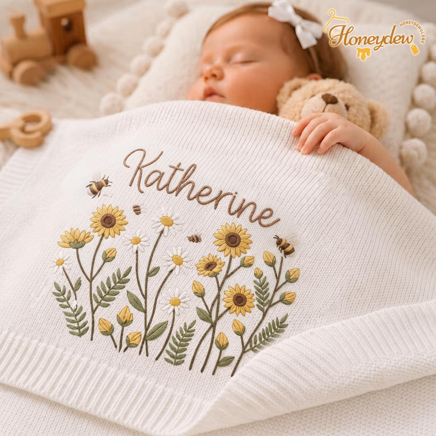 Embroidered Personalized Sun Flowers with Bee Baby Blanket