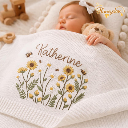 Embroidered Personalized Sun Flowers with Bee Baby Blanket