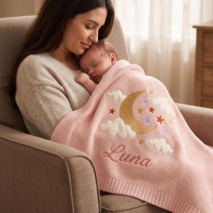 Custom Moon& Star Baby Knitted Embroidery Blanket