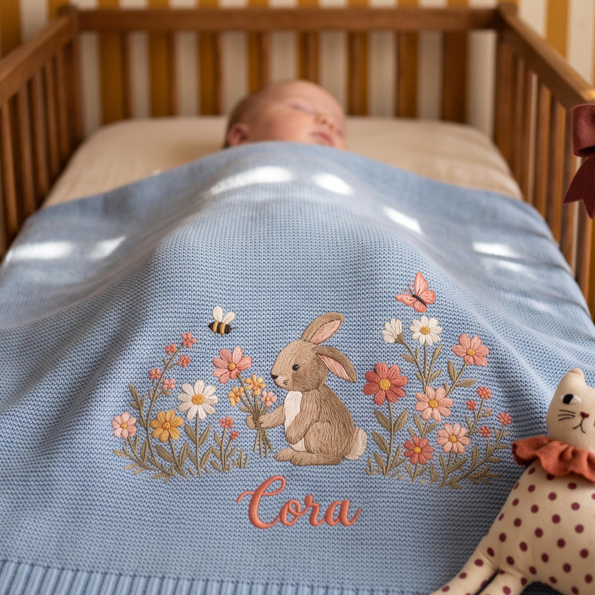 Custom Embroidered Bunny Floral Baby Name Blanket