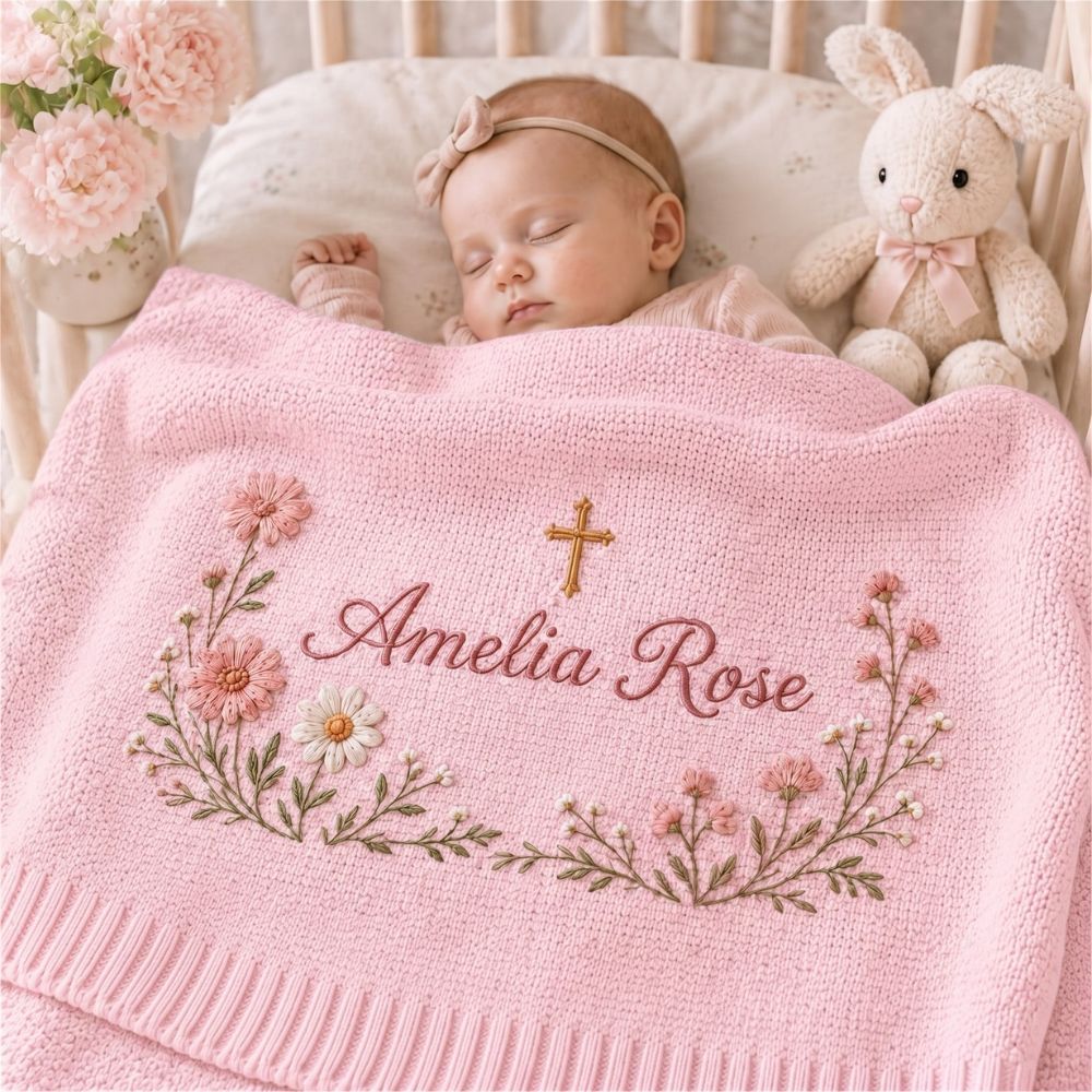 Personalized Embroidery Floral Cross Baby Blanket