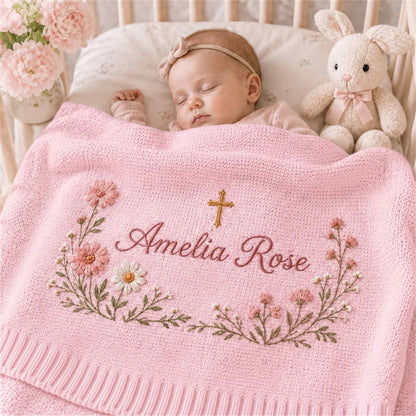 Personalized Embroidery Floral Cross Baby Blanket