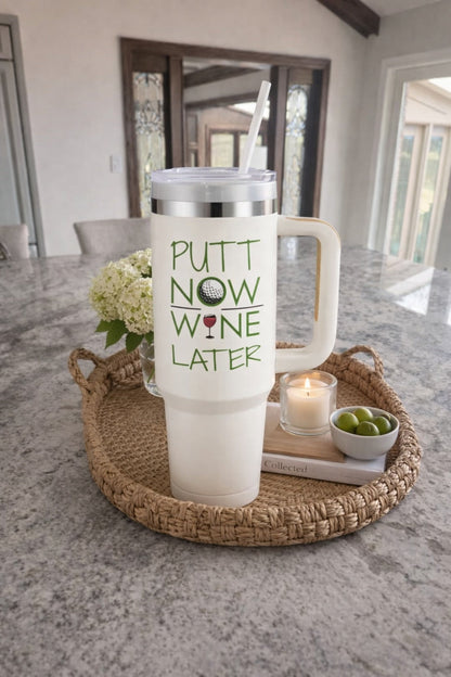 Putt Now Wine Later Golf Tumbler 40oz, Custom Funny Golf Tumbler, Printed Golf Tumblers With Handle, Mug Gift, Travel Cup TBGTP10