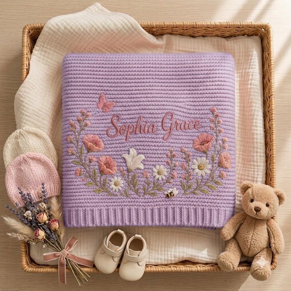 Personalized Embroidery Wildflower Baby Blanket Name