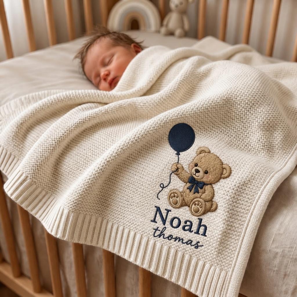 Personalized Teddy Bear Embroidered Baby Blanket