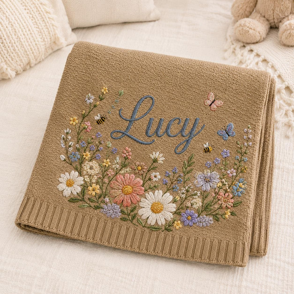 Personalized Floral And Butterfly Baby Blanket Embroidery