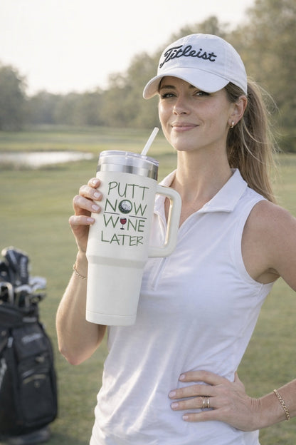 Putt Now Wine Later Golf Tumbler 40oz, Custom Funny Golf Tumbler, Printed Golf Tumblers With Handle, Mug Gift, Travel Cup TBGTP10