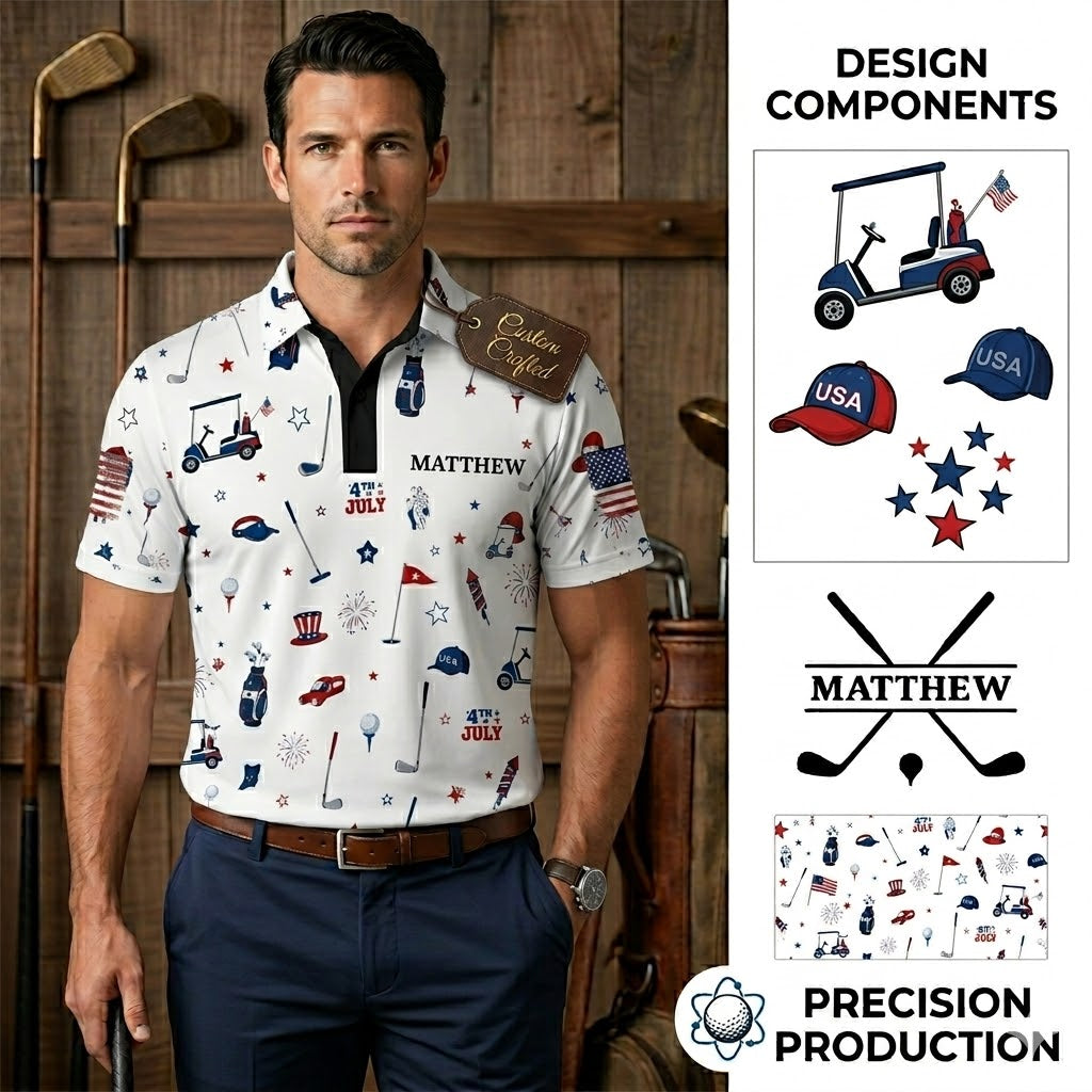 Patriotic Red White Blue Polo Shirt for Men, 4th of July Golf Polo