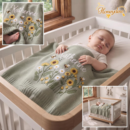 Embroidered Personalized Sun Flowers with Bee Baby Blanket