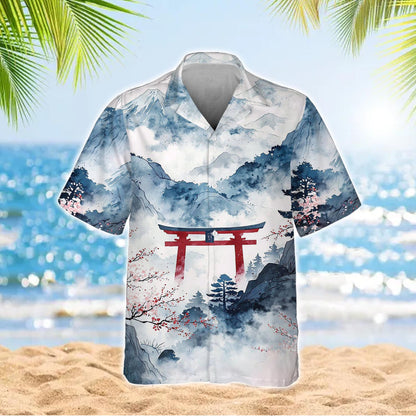 Caseyathletic Watercolor Torii Landscape Hawaiian Shirt