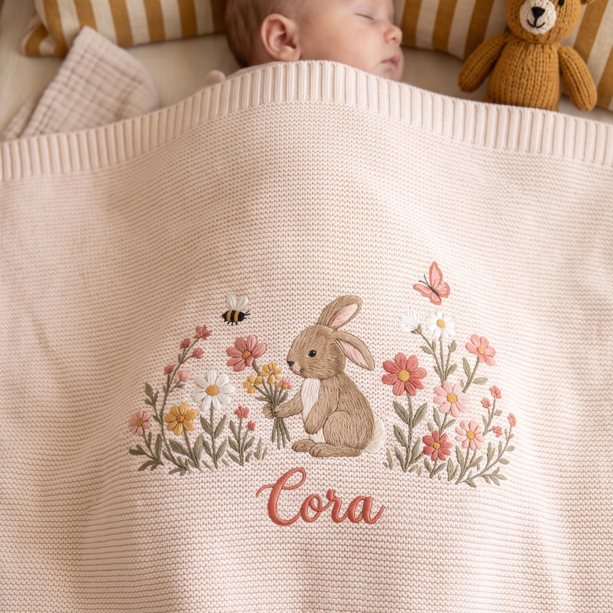 Custom Embroidered Bunny Floral Baby Name Blanket