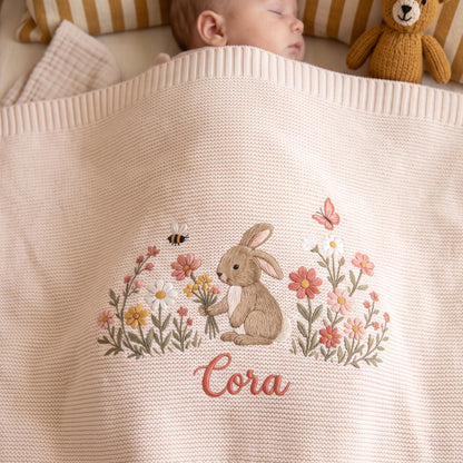 Custom Embroidered Bunny Floral Baby Name Blanket