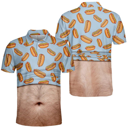 Hot Dog Belly Polo Shirt for Men, Dad Bod Illusion Shirt, BBQ Party Polo