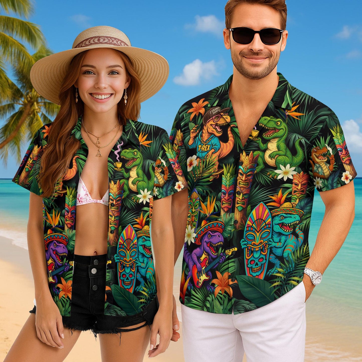 Dinosaur Tropical Hawaiian Tiki Shirts, Dinosaur Summer Beach Shirt