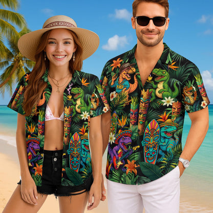Dinosaur Tropical Hawaiian Tiki Shirts, Dinosaur Summer Beach Shirt