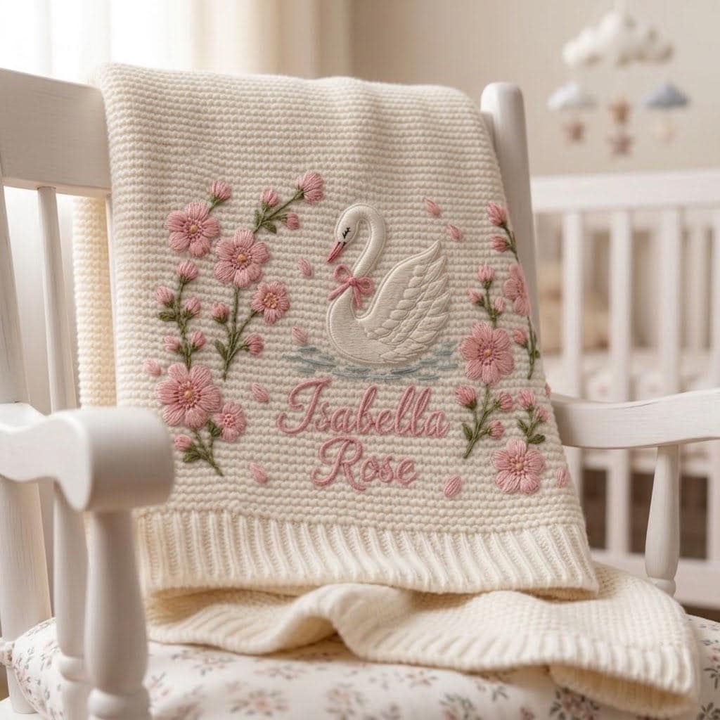 Personalized Knit Swan Baby Blanket Name Custom Embroidered Princess Swan