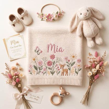 Personalized Baby Embroidery Blanket with Name Flower