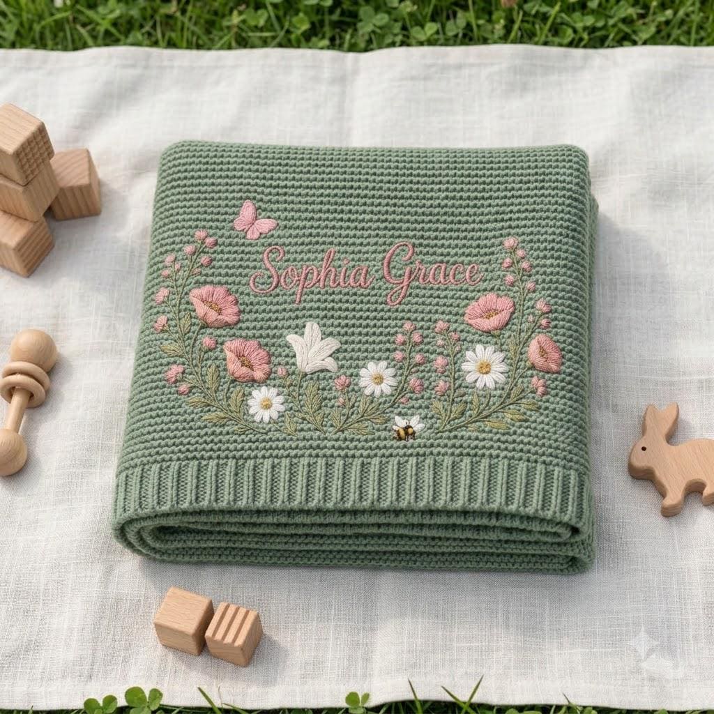 Personalized Embroidery Wildflower Baby Blanket Name