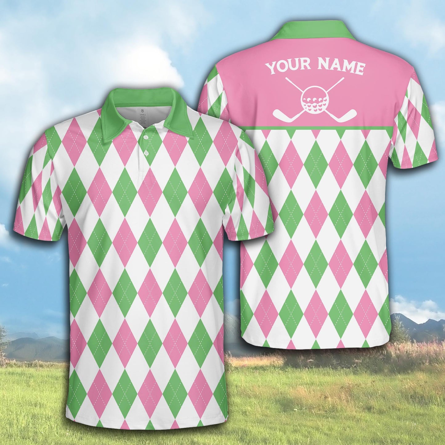 Personalized Name Golf Polo Shirt, Custom Color Argyle Short Sleeve Polo Shirt