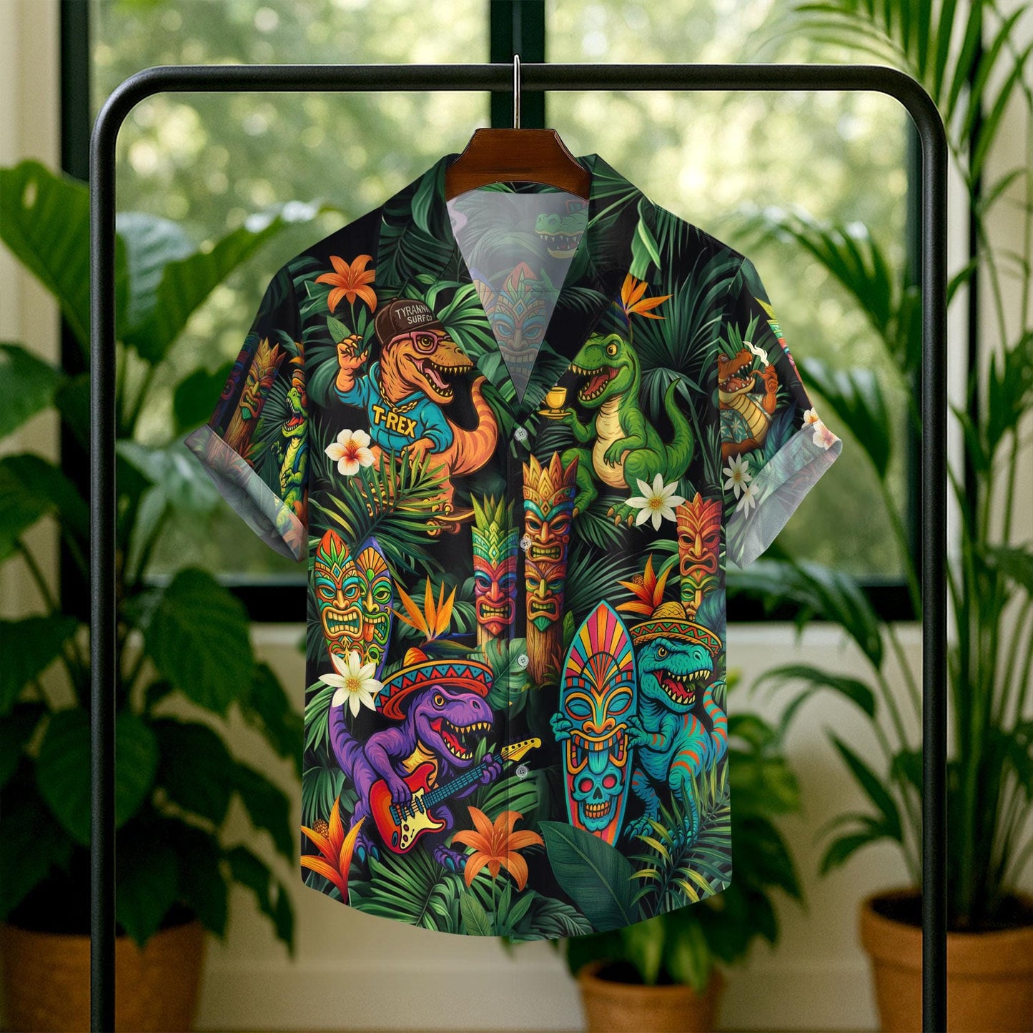 Dinosaur Tropical Hawaiian Tiki Shirts, Dinosaur Summer Beach Shirt
