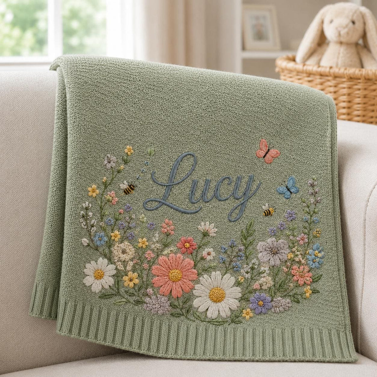 Personalized Floral And Butterfly Baby Blanket Embroidery