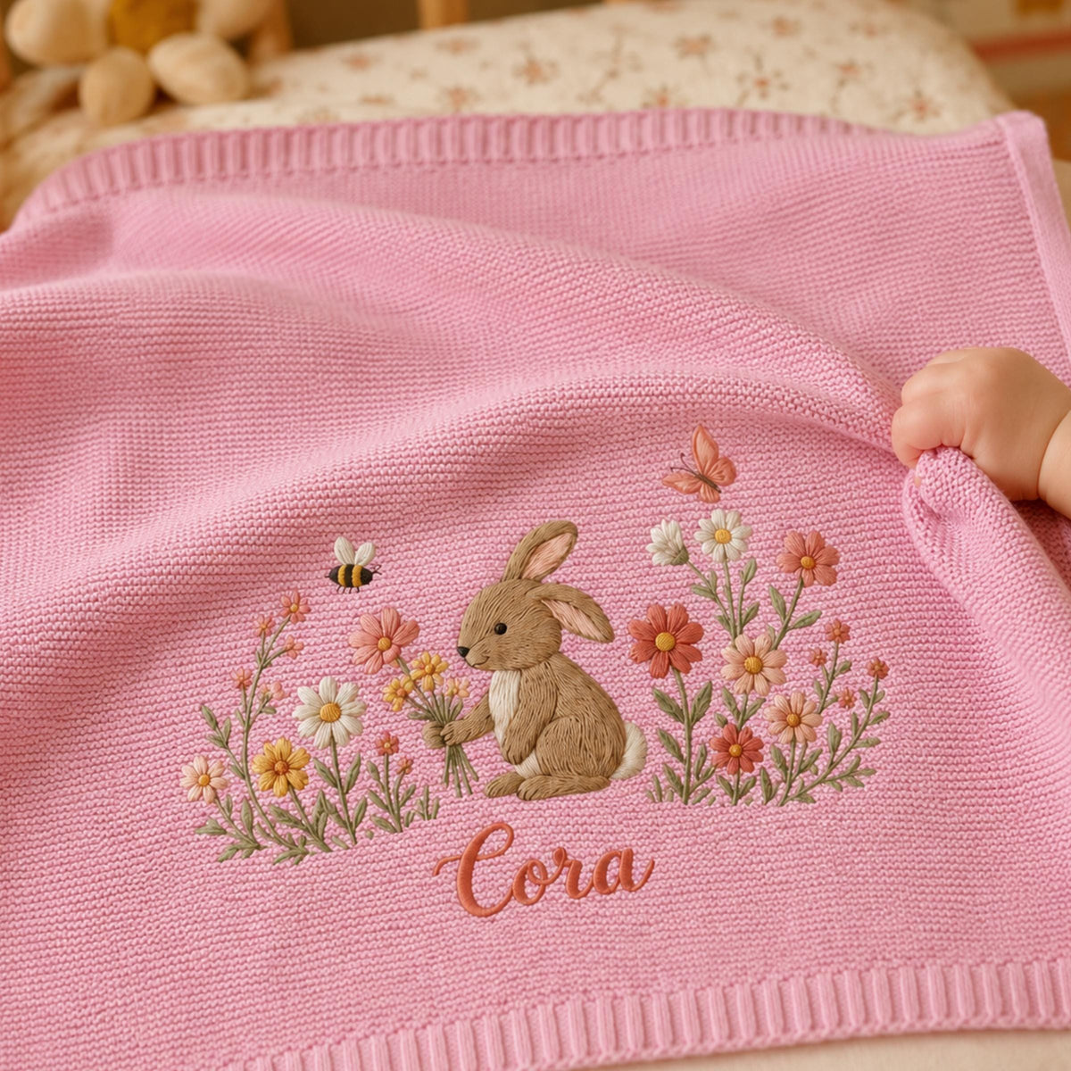 Custom Embroidered Bunny Floral Baby Name Blanket