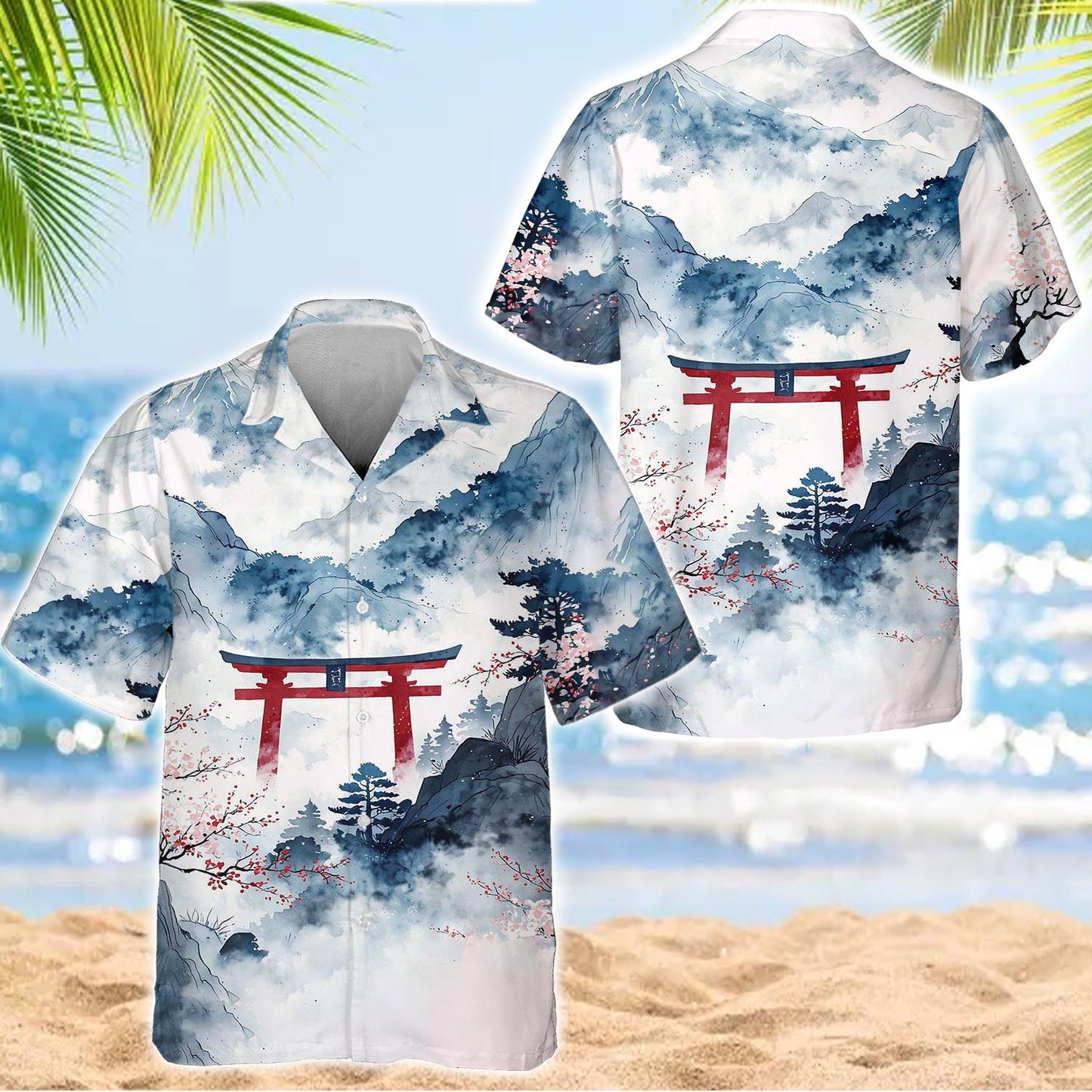 Caseyathletic Watercolor Torii Landscape Hawaiian Shirt