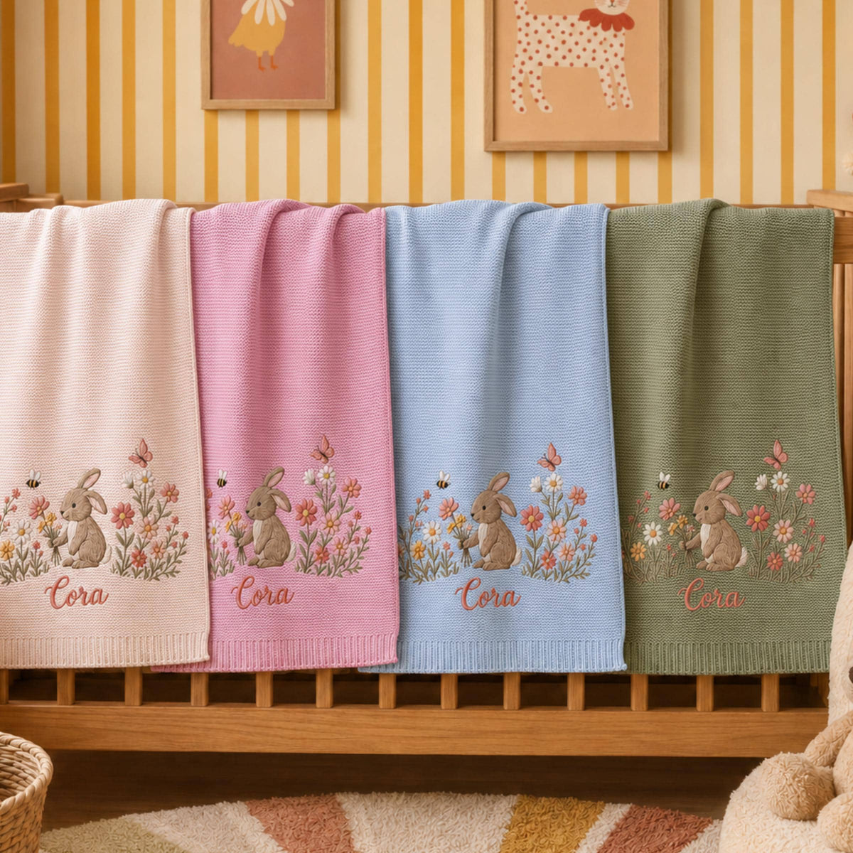 Custom Embroidered Bunny Floral Baby Name Blanket