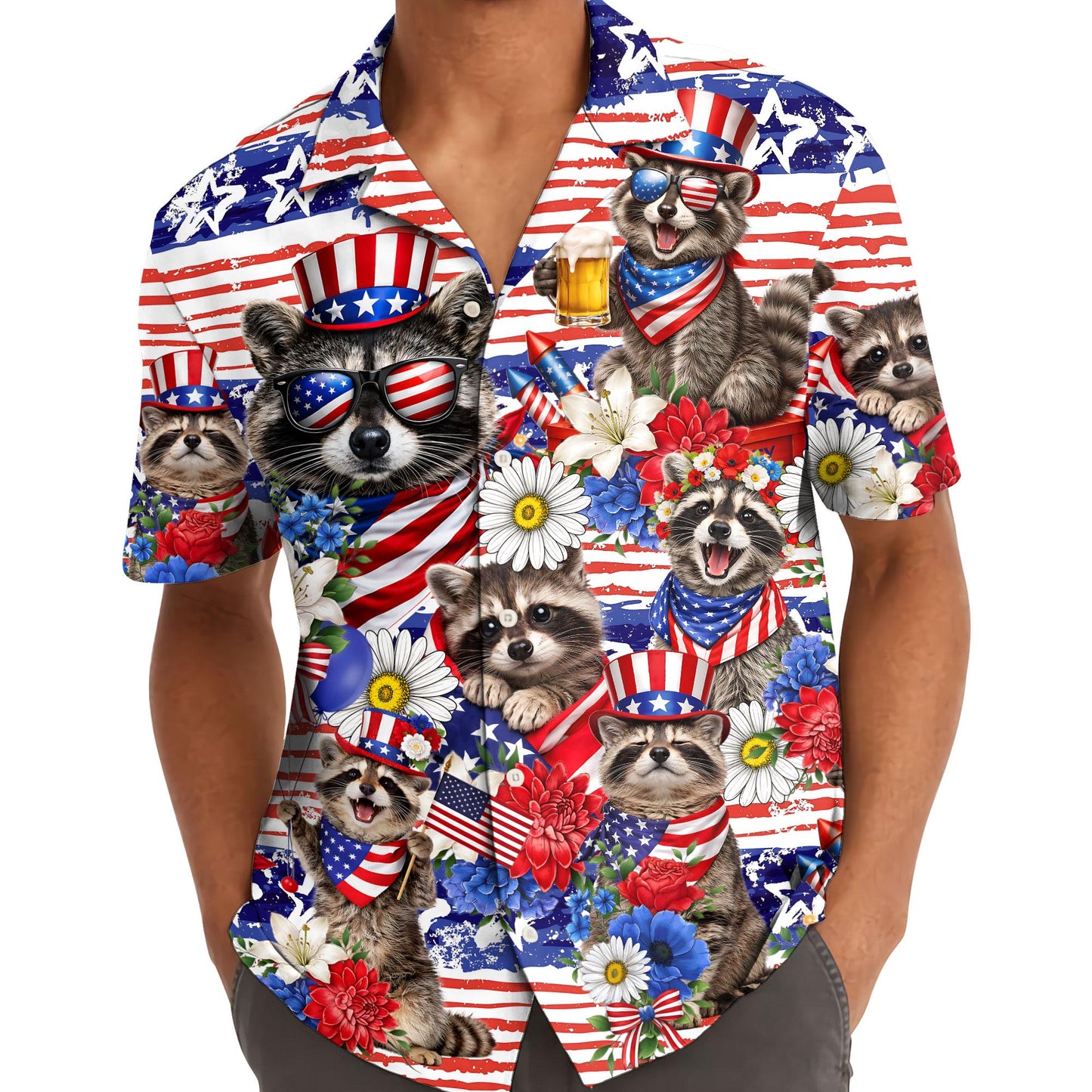 Patriotic Raccoon Hawaiian Shirt, Uncle Sam USA Aloha Button Down