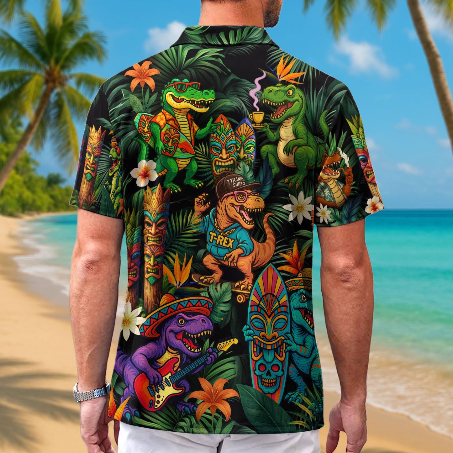 Dinosaur Tropical Hawaiian Tiki Shirts, Dinosaur Summer Beach Shirt