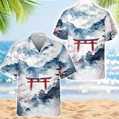 Caseyathletic Watercolor Torii Landscape Hawaiian Shirt