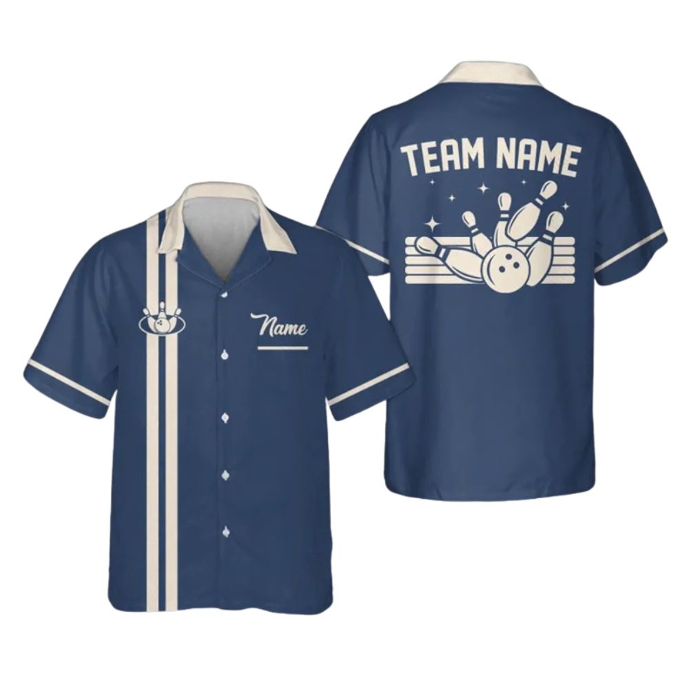 Custom Vintage Navy Blue Hawaiian Bowling Team Shirts For Men, Custom Bowling Team Shirts BZ0288