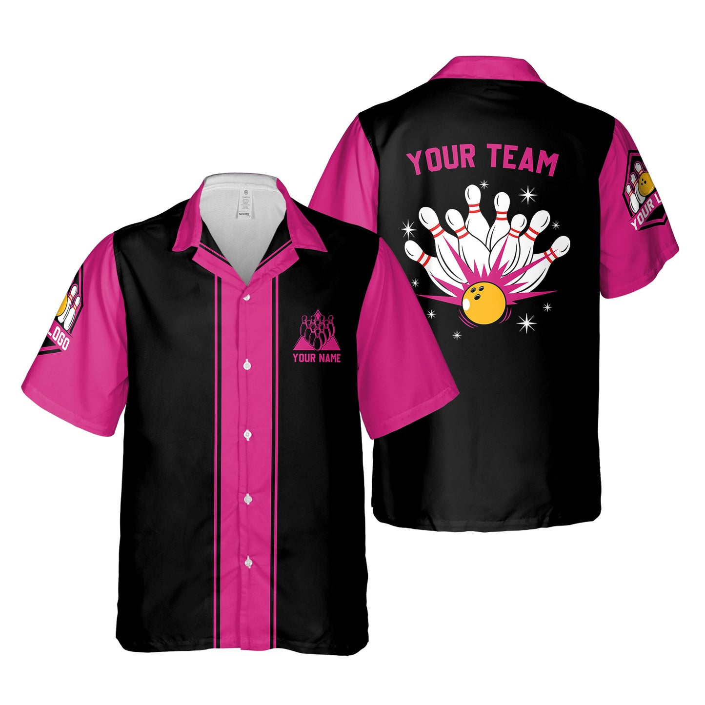 Custom Team Retro Pink and Black Bowling Shirt