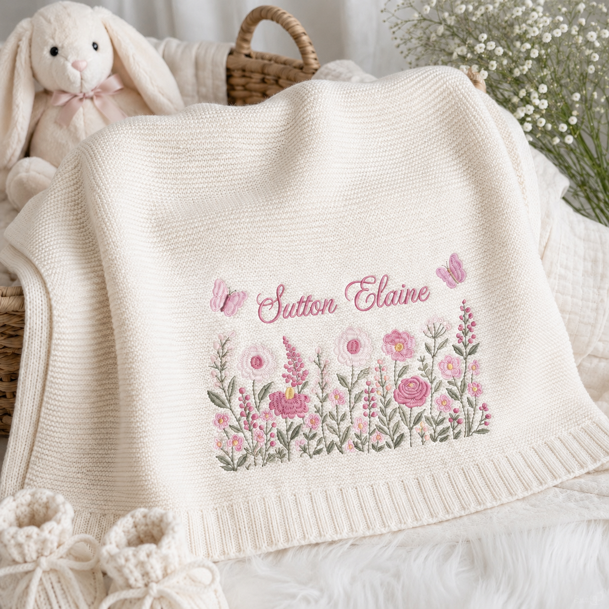 Personalized Embroidered Floral Baby Name Blanket