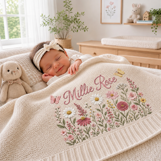 Personalized Embroidered Floral Baby Name Blanket