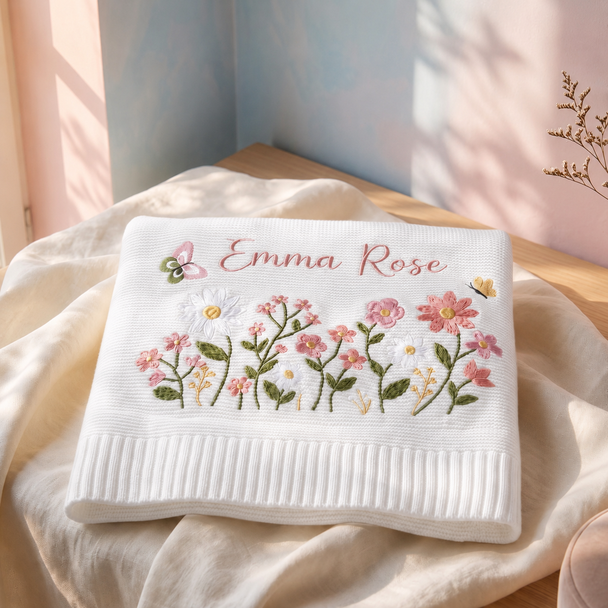 Personalize Embroidered Floral Baby Blanket