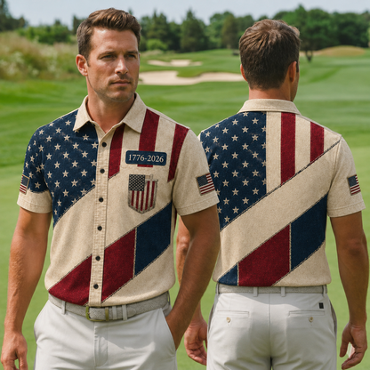 USA Flag Patriotic Polo Shirt, America 250 Years 1776-2026 Golf Polo, Independence Day Outfit, Veteran Dad Gift