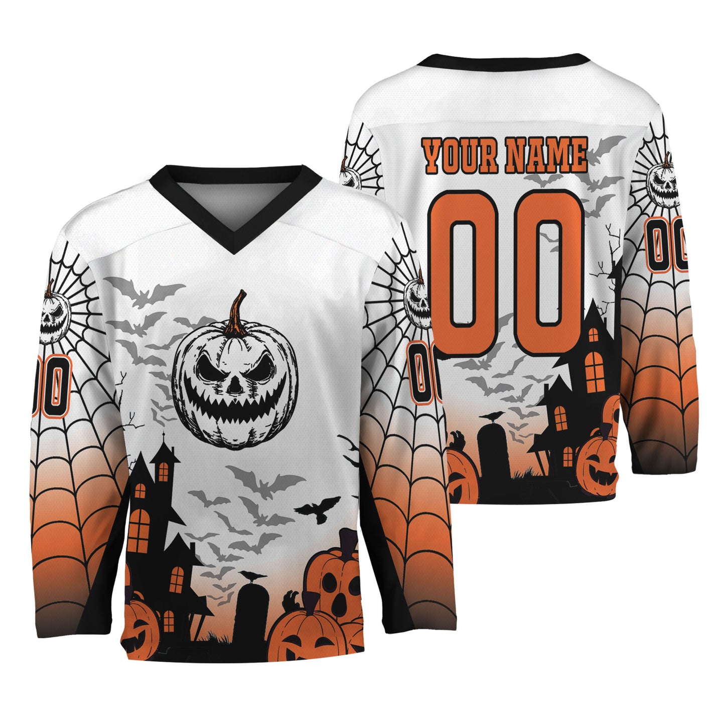 Custom Halloween Hockey Team Pumpkin Lantern White Jersey