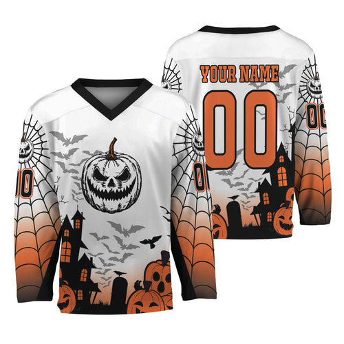 Custom Halloween Hockey Team Pumpkin Lantern White Jersey