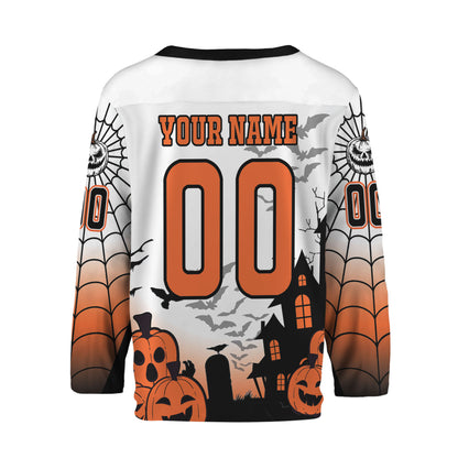 Custom Halloween Hockey Team Pumpkin Lantern White Jersey