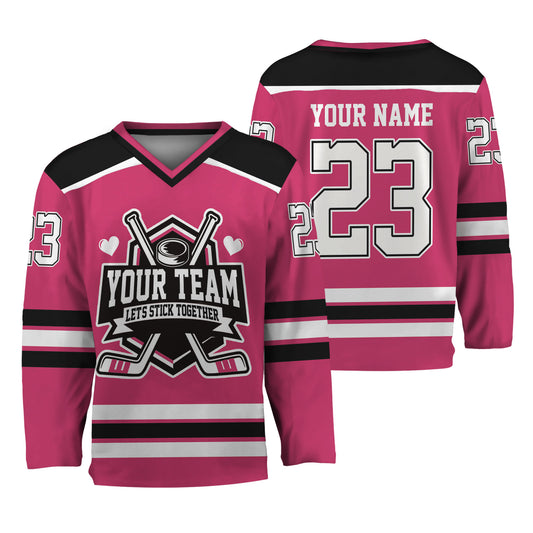 Custom Let's Stick Together Style Pink Hockey Jersey
