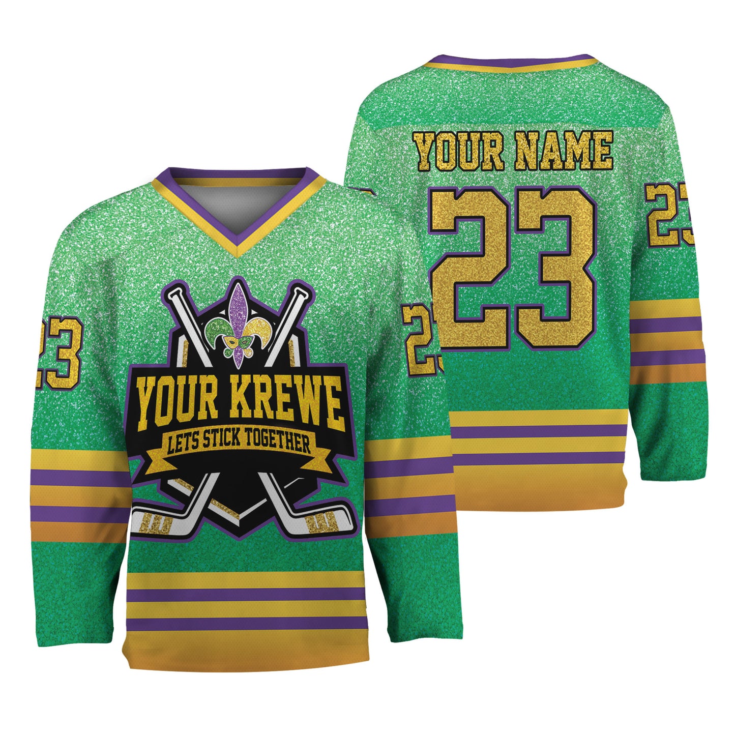 Custom Mardi Gras Printed Glitter Green Hockey Jersey