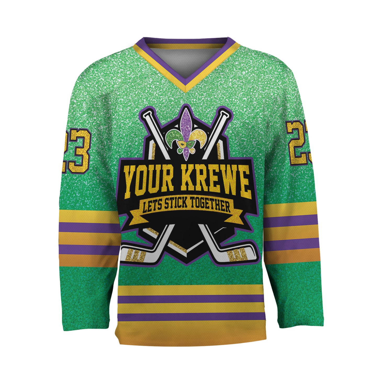 Custom Mardi Gras Printed Glitter Green Hockey Jersey