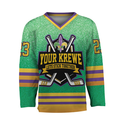 Custom Mardi Gras Printed Glitter Green Hockey Jersey
